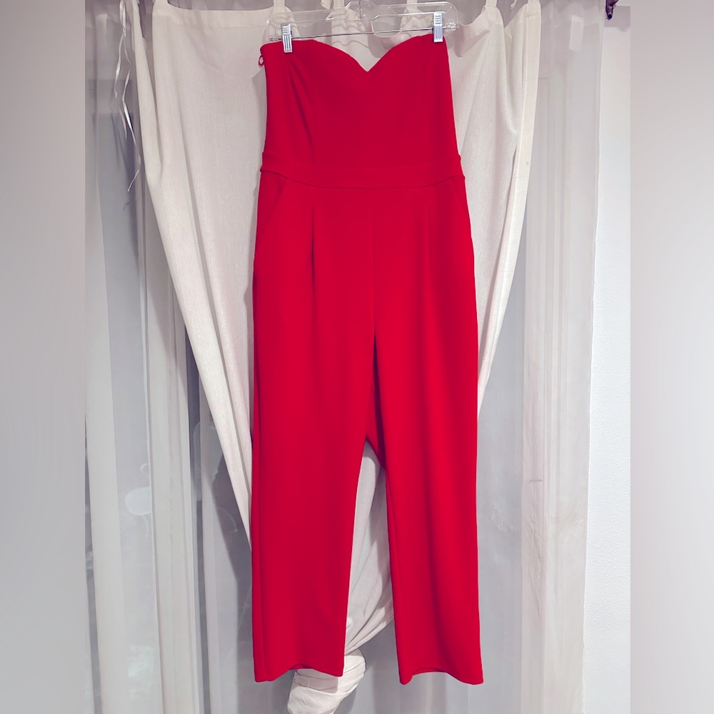 Express Strapless Red Straight-Leg Jumpsuit